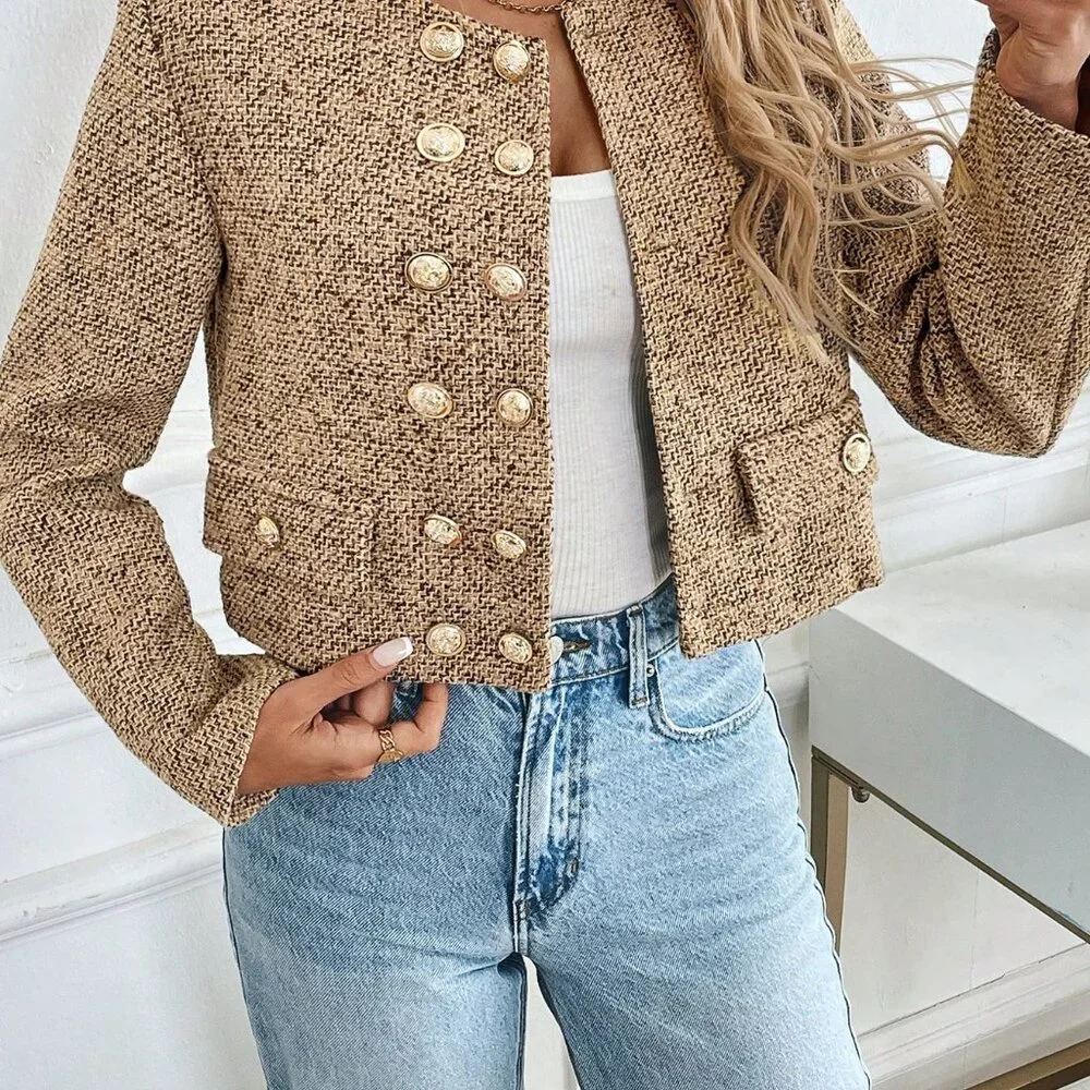 Brown Elegant Women's Metal Double-Breasted Long Sleeve Short Woollen Coat - Picture 1 of 5